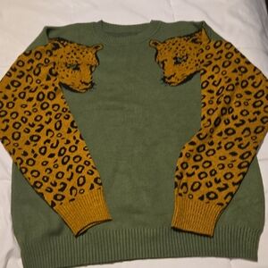 Green Sweater with Leopard Design